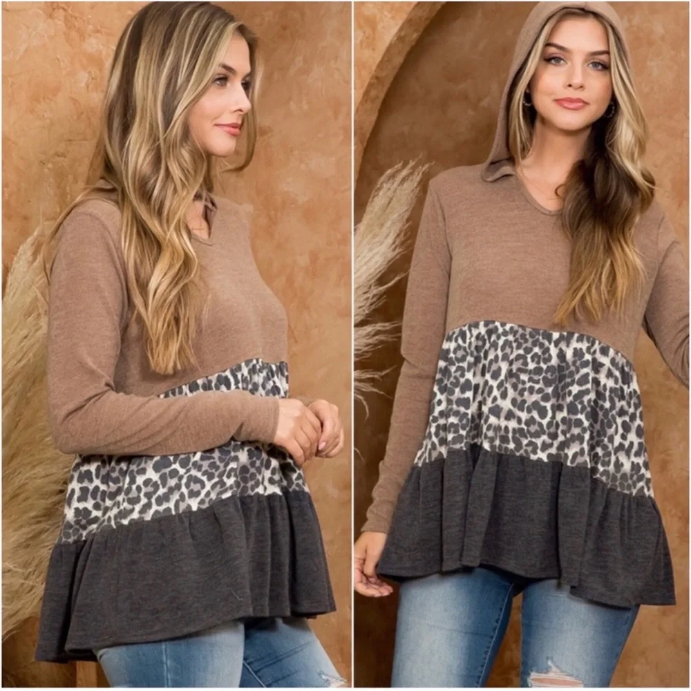 1 LEFT! Women's Babydoll Color Blocked Vneckline Leopard Fall Hoodie Top - Picture 2 of 3